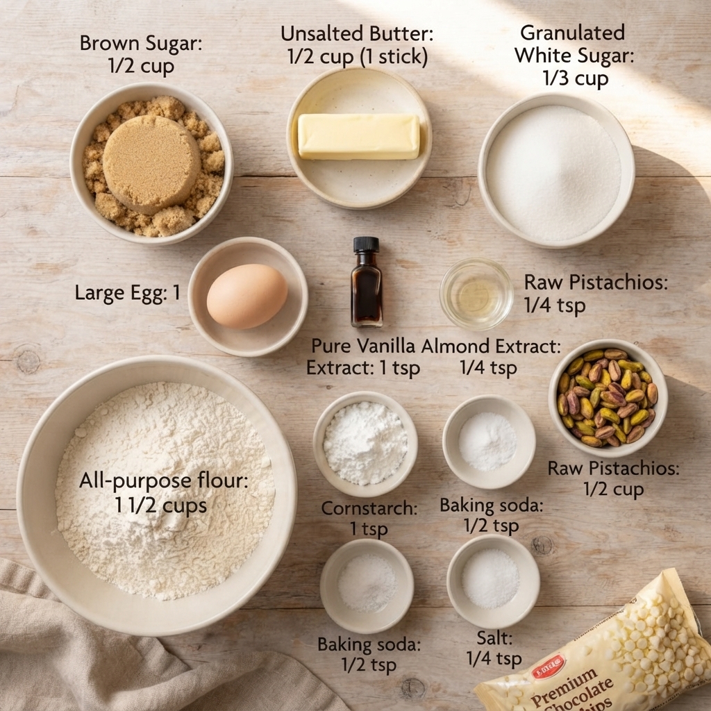 Ingredients for Easy White Chocolate Pistachio Cookies