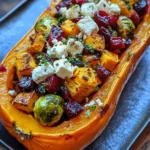 Sweet and Savory Honey Roasted Butternut Squash Stuffed with Brussels Sprouts, Beets, Carrots, Cranberries, and Feta