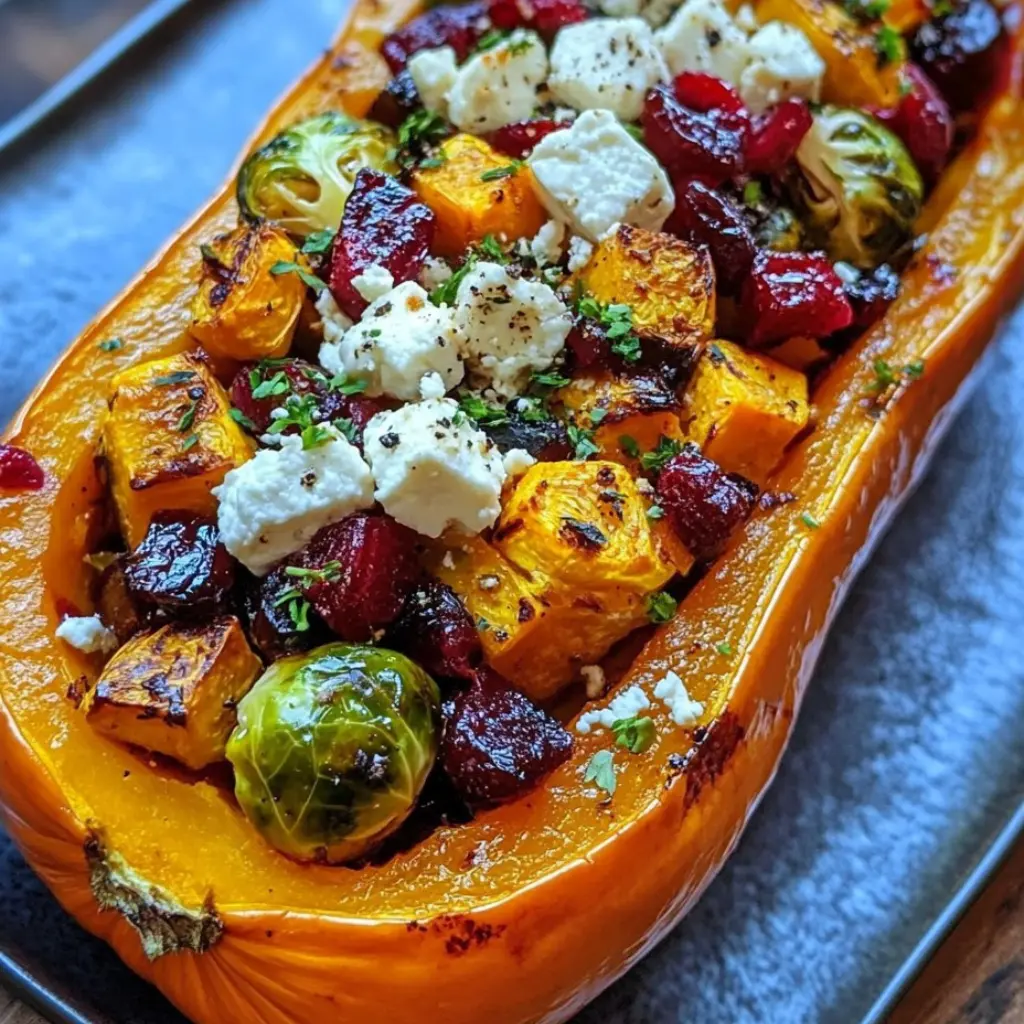 Sweet and Savory Honey Roasted Butternut Squash Stuffed with Brussels Sprouts, Beets, Carrots, Cranberries, and Feta