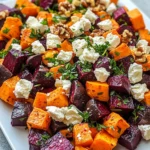 Roasted Beet and Sweet Potato Salad with Feta and Yogurt Dressing
