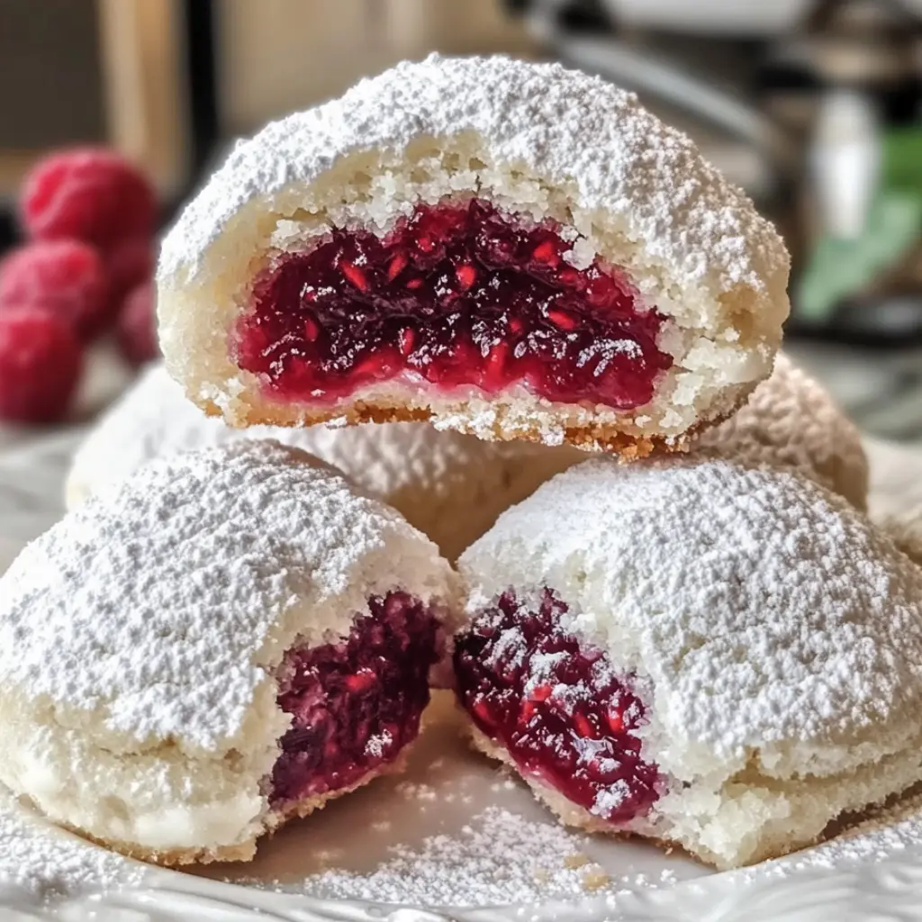 Raspberry Filled Almond Snowball Cookies