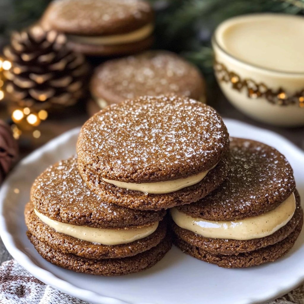 Ginger Molasses Sandwich Cookies with Eggnog Frosting