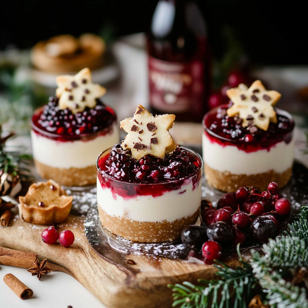 No-Bake White Chocolate Cheesecakes with Mulled Wine Fruit