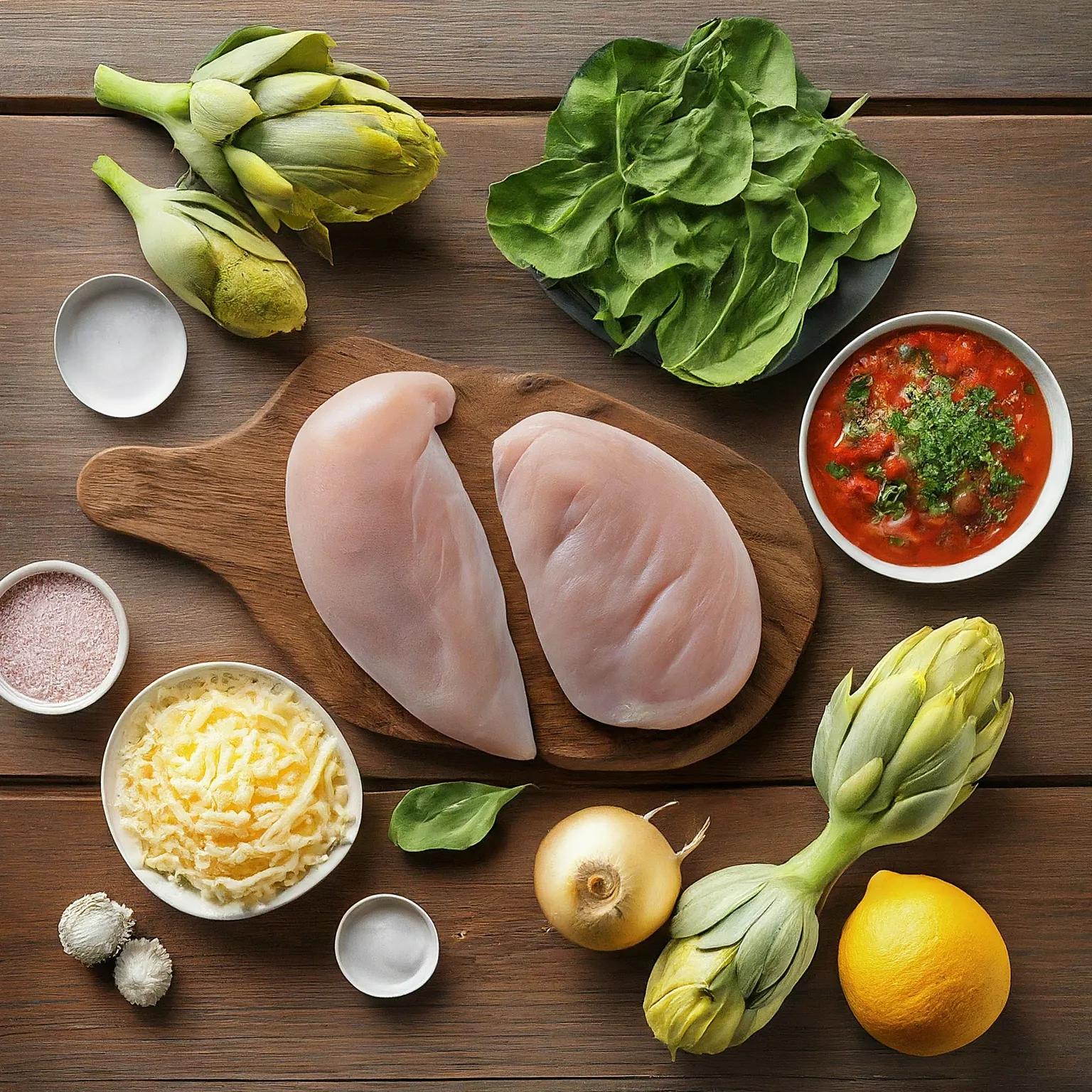 Fresh ingredients for preparing Creamy Spinach and Artichoke Chicken: The Ultimate 1-Pan Dinner