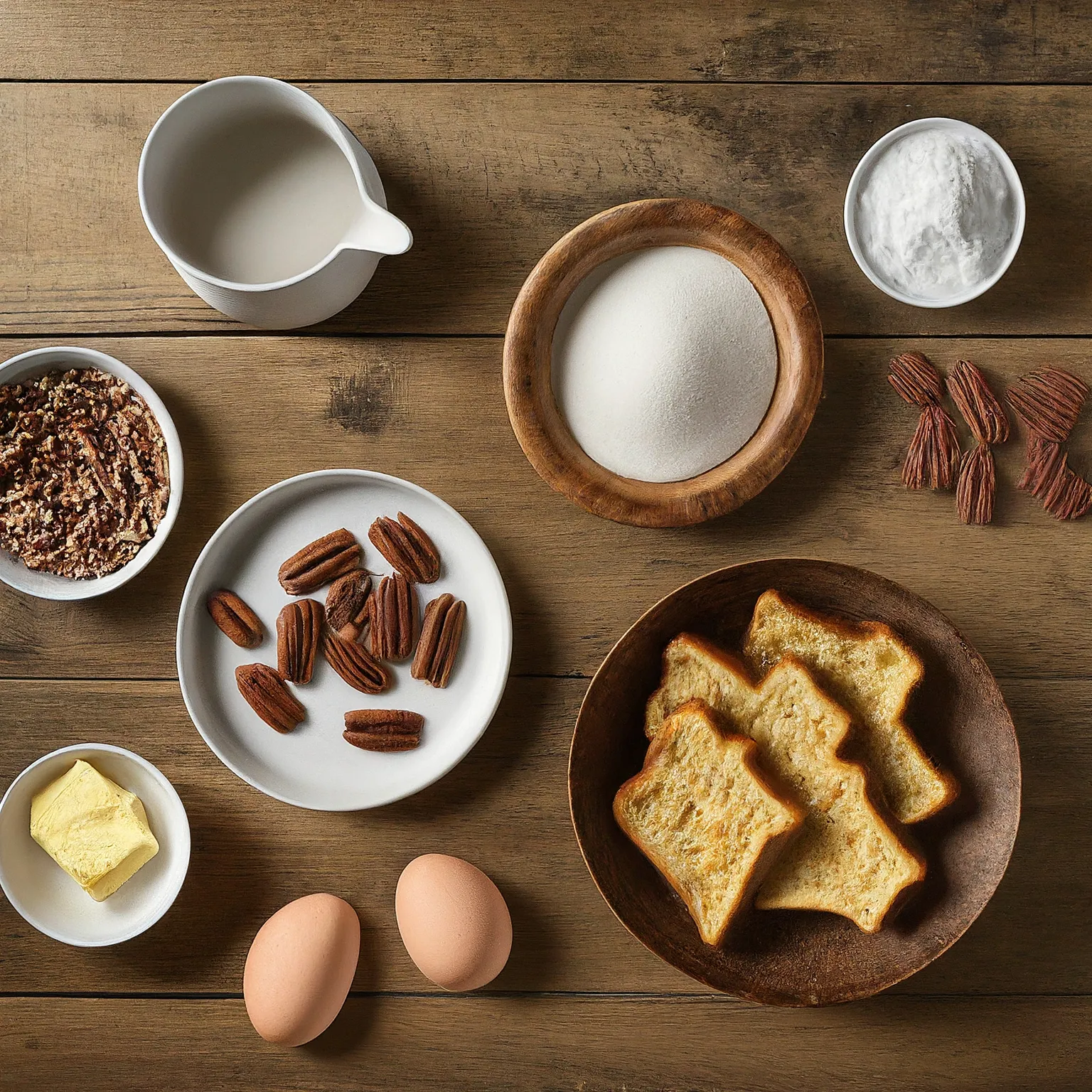 Fresh ingredients for preparing Pecan Pie French Toast Casserole: 7 Secrets for the Most Decadent Holiday Brunch