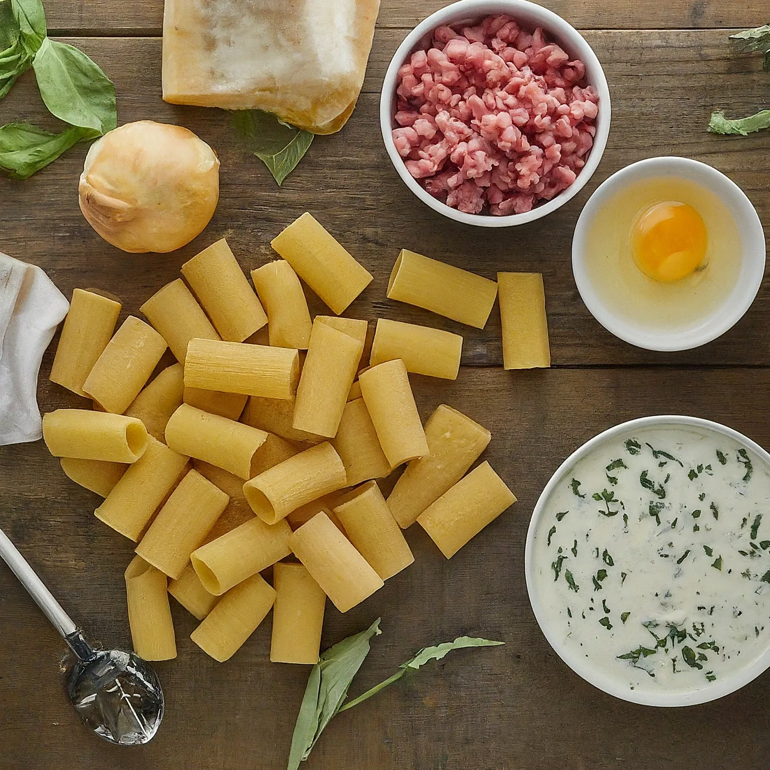 Fresh ingredients for preparing Creamy Italian Sausage Rigatoni: The Ultimate 30-Minute Dinner for the Best Weeknights