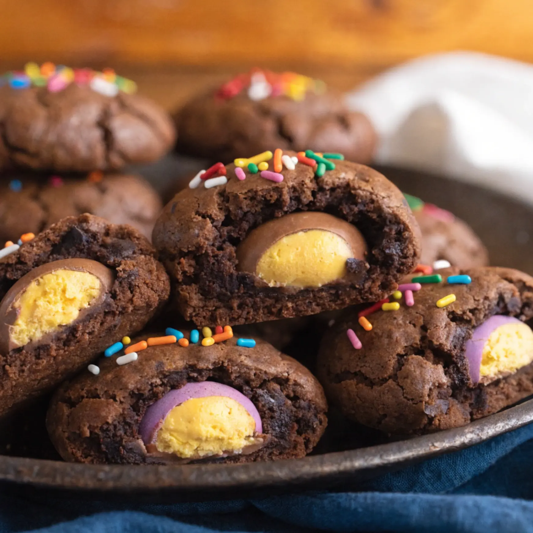 Cadbury Egg Stuffed Protein Brownie Cookies