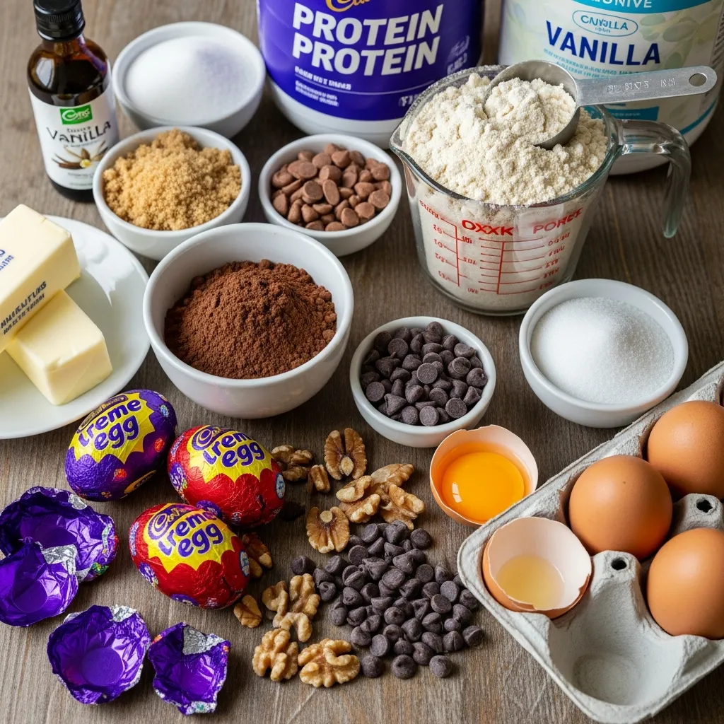 Ingredients for Cadbury Egg Stuffed Protein Brownie Cookies