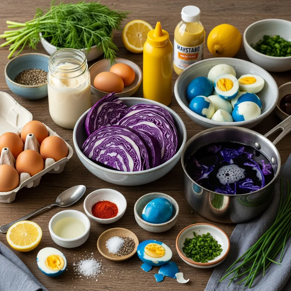 Ingredients for Naturally Blue Cabbage Dyed Deviled Eggs