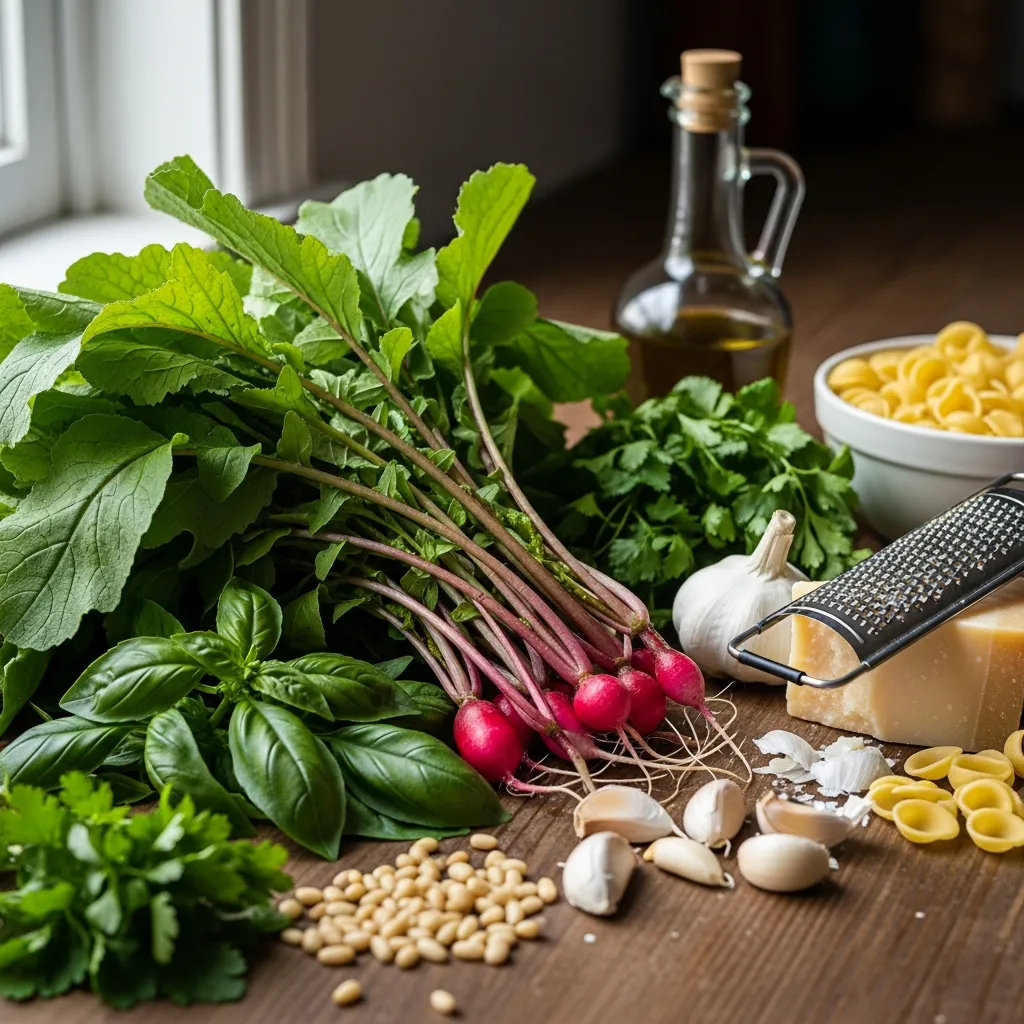 Ingredients for Stem to Leaf Radish Top Pesto Pasta