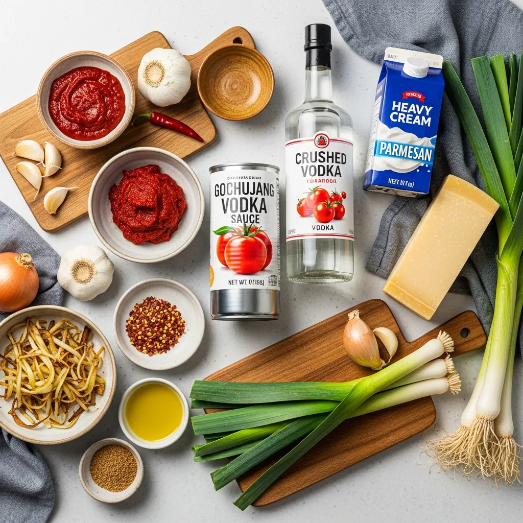 Ingredients for Gochujang Vodka Sauce with Crispy Spring Leeks