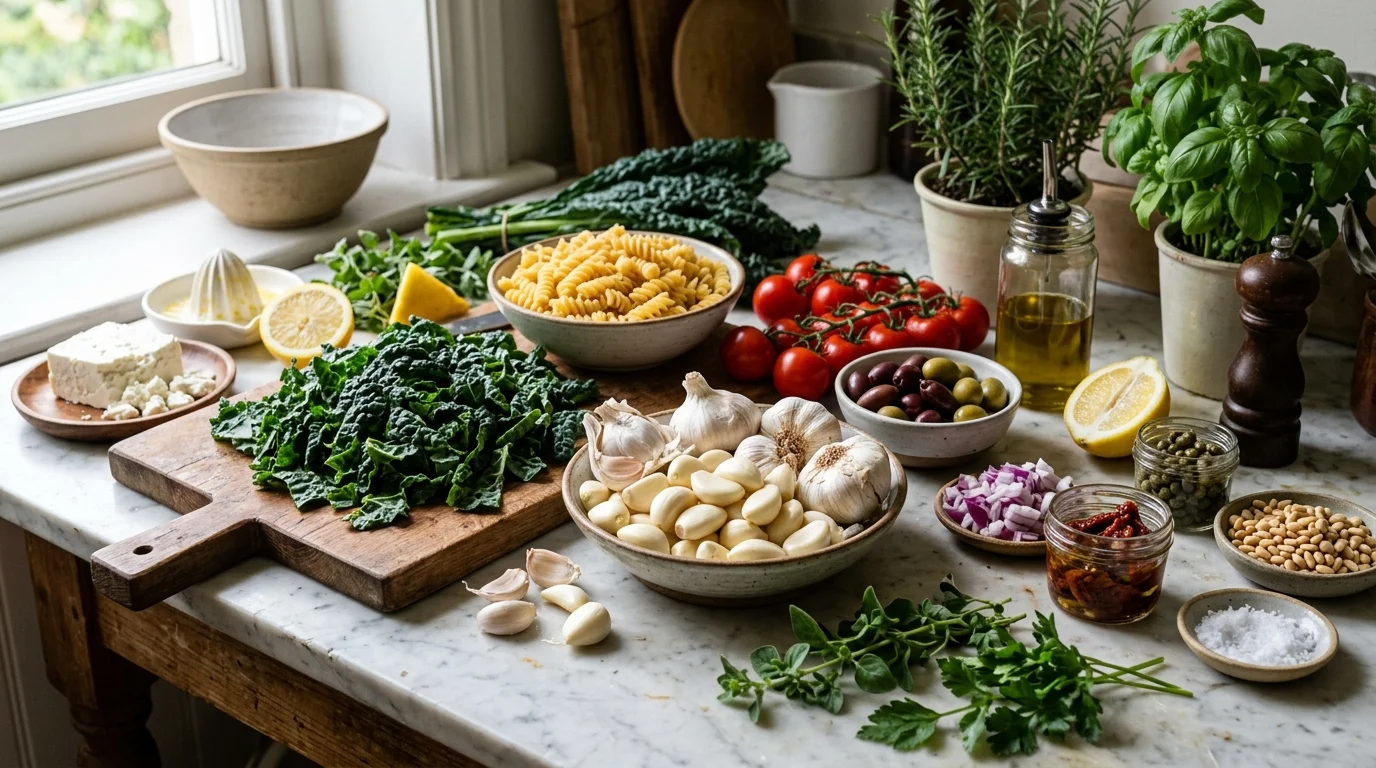 Ingredients for Mediterranean Pasta & Kale Salad — Must Love Garlic