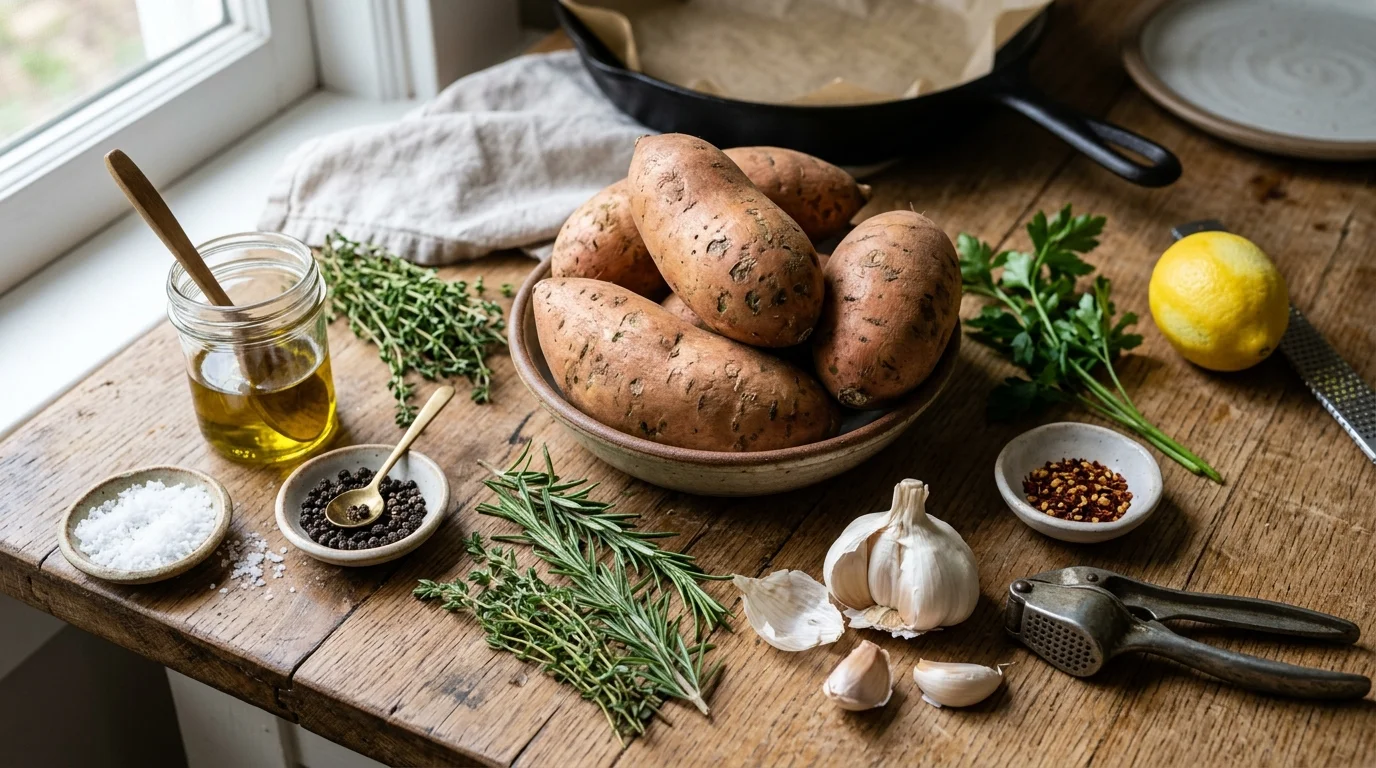 Ingredients for Crispy Smashed Sweet Potatoes